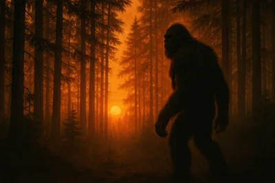 Bigfoot Silhouette Walking Through A Misty Pine Forest