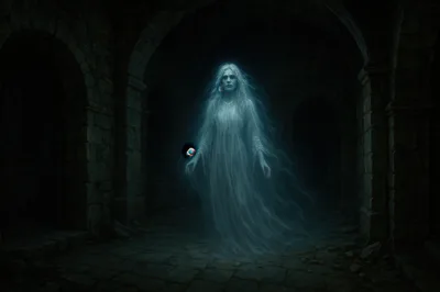 Ethereal Ghostly Woman Floating In Dark Stone Dungeon