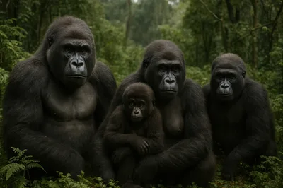 Family Of Gorillas Sitting In A Lush Forest
