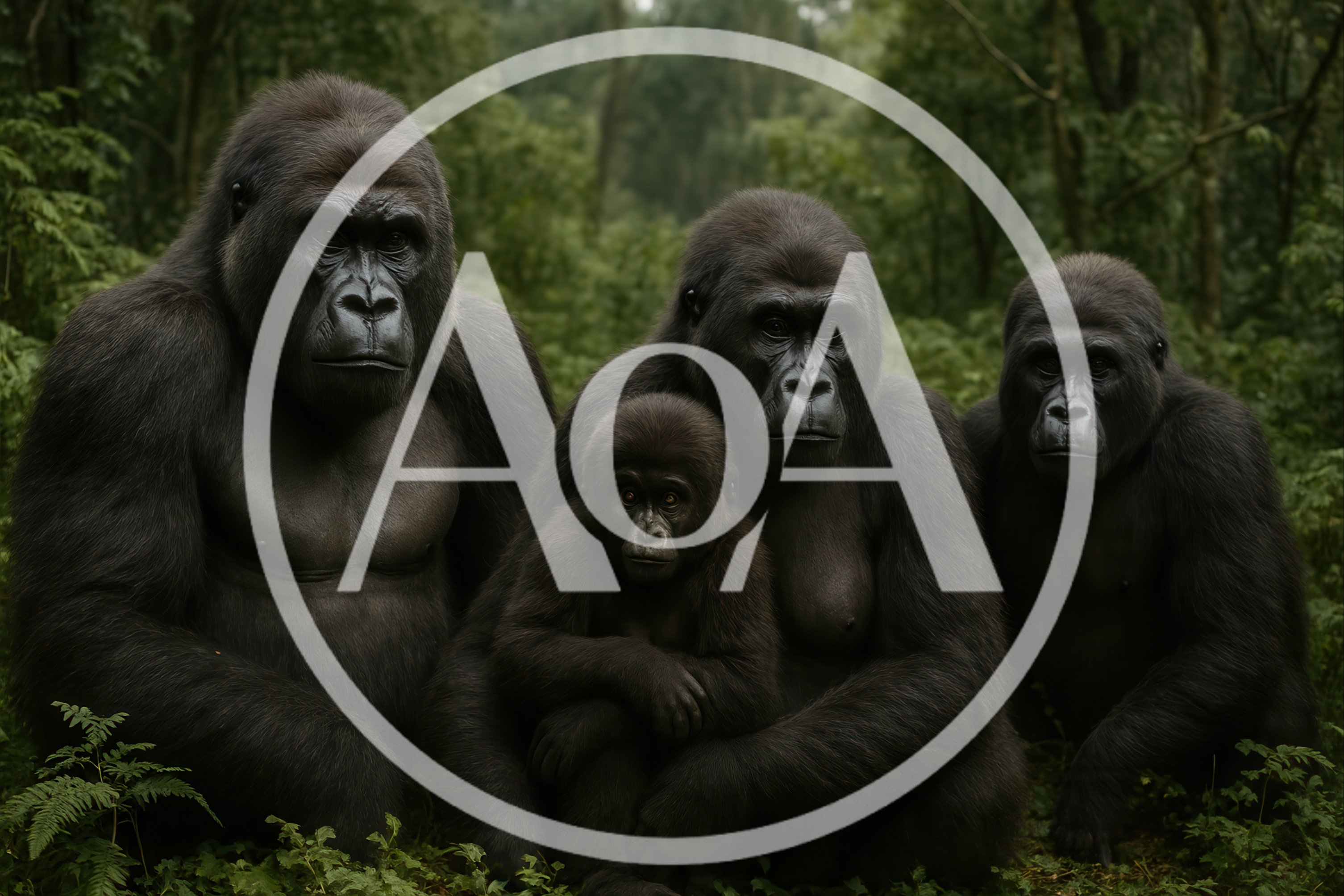 Family Of Gorillas Sitting In A Lush Forest