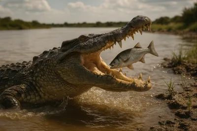 Nile Crocodile Snapping At A Jumping Fish