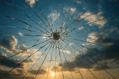 Shattered Glass Pane Against A Sunset Sky