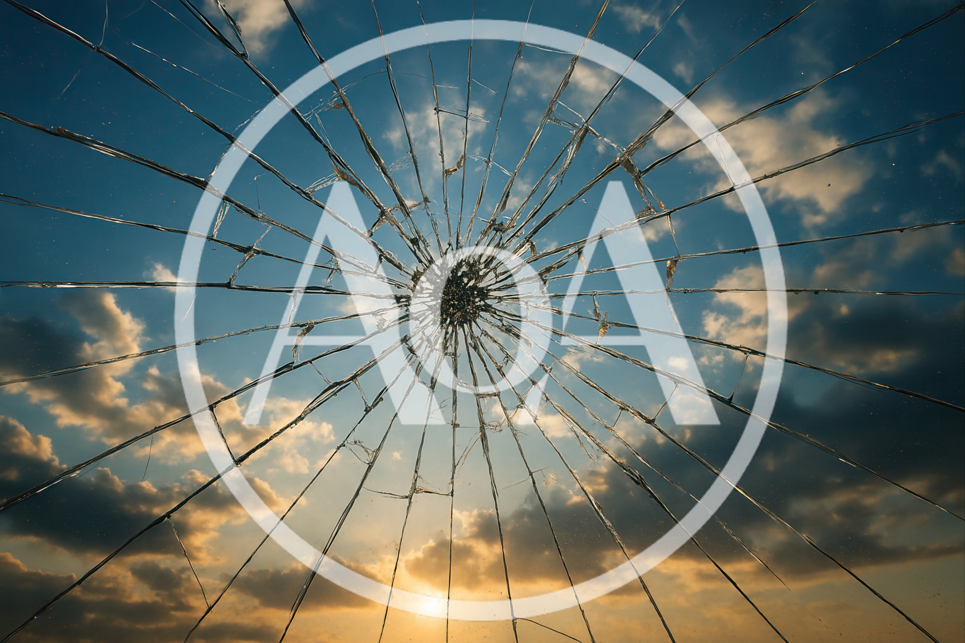 Shattered Glass Pane Against A Sunset Sky