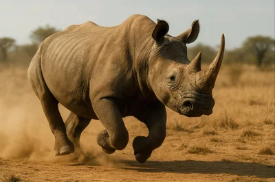 Charging White Rhinoceros Running Through African Savanna