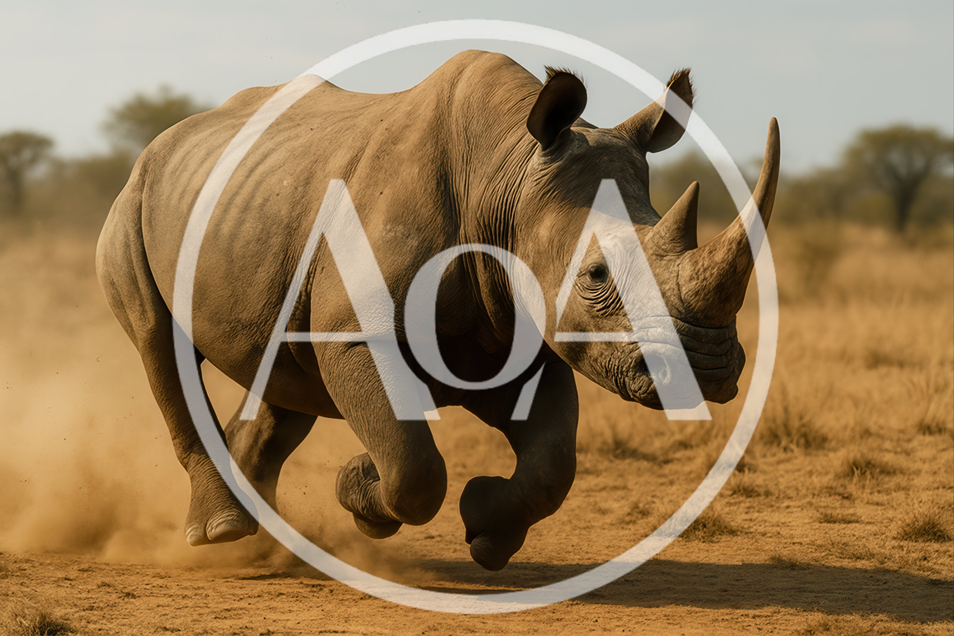 Charging White Rhinoceros Running Through African Savanna