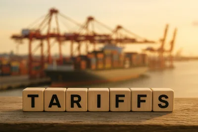 Wooden Blocks Spelling Tariffs In Front Of Shipping Port