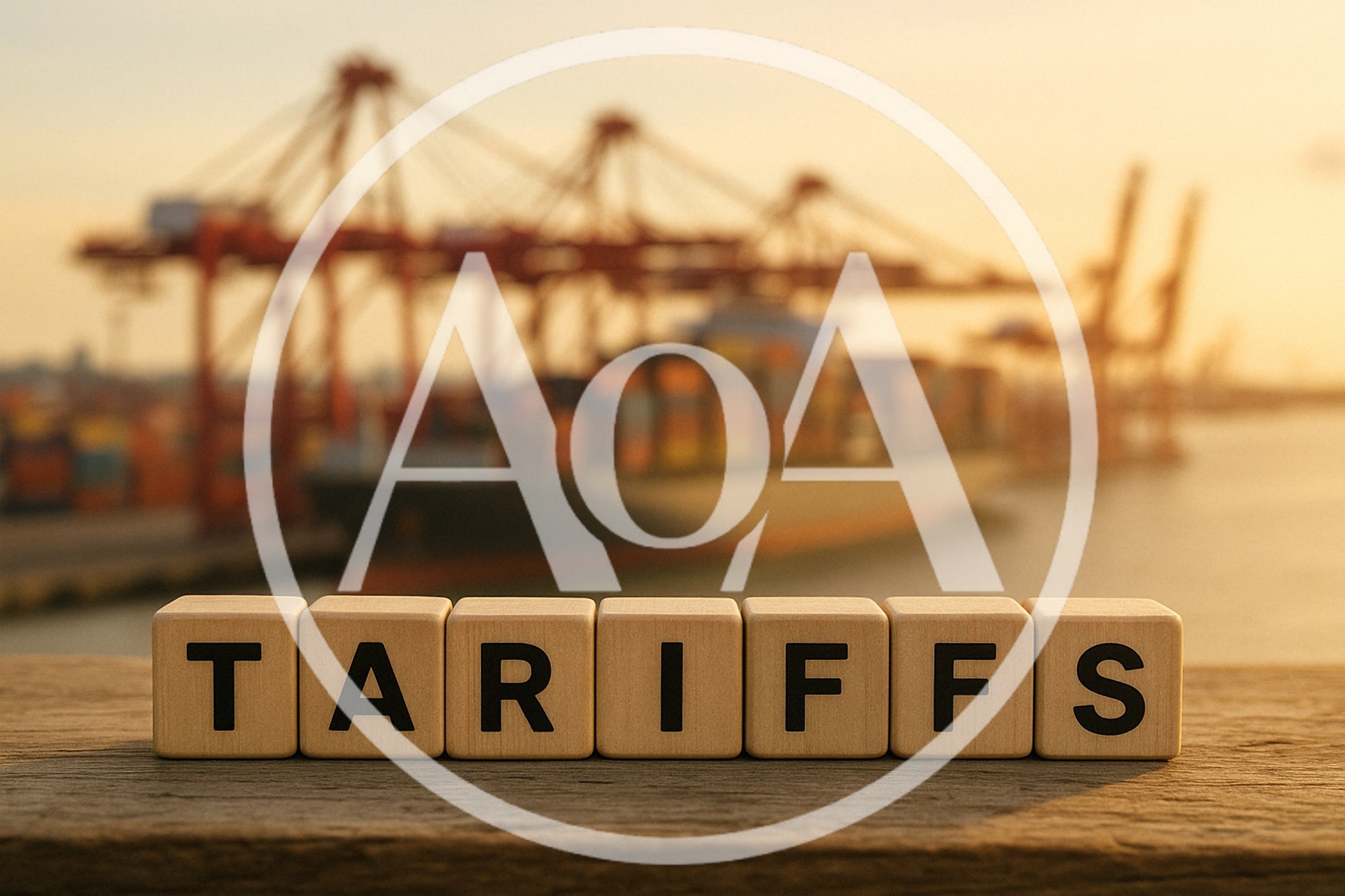 Wooden Blocks Spelling Tariffs In Front Of Shipping Port