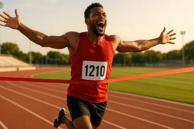 Male Athlete Crossing Finish Line In Track Race