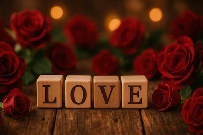 Wooden Love Blocks Surrounded By Red Roses
