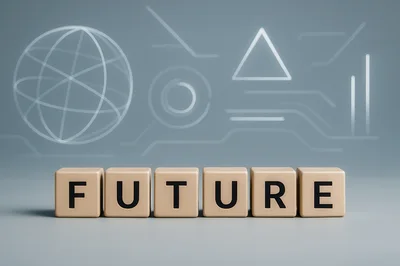 Wooden Blocks Spelling Future With Digital Technology Background