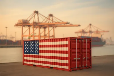 Shipping Container With United States Flag At Port