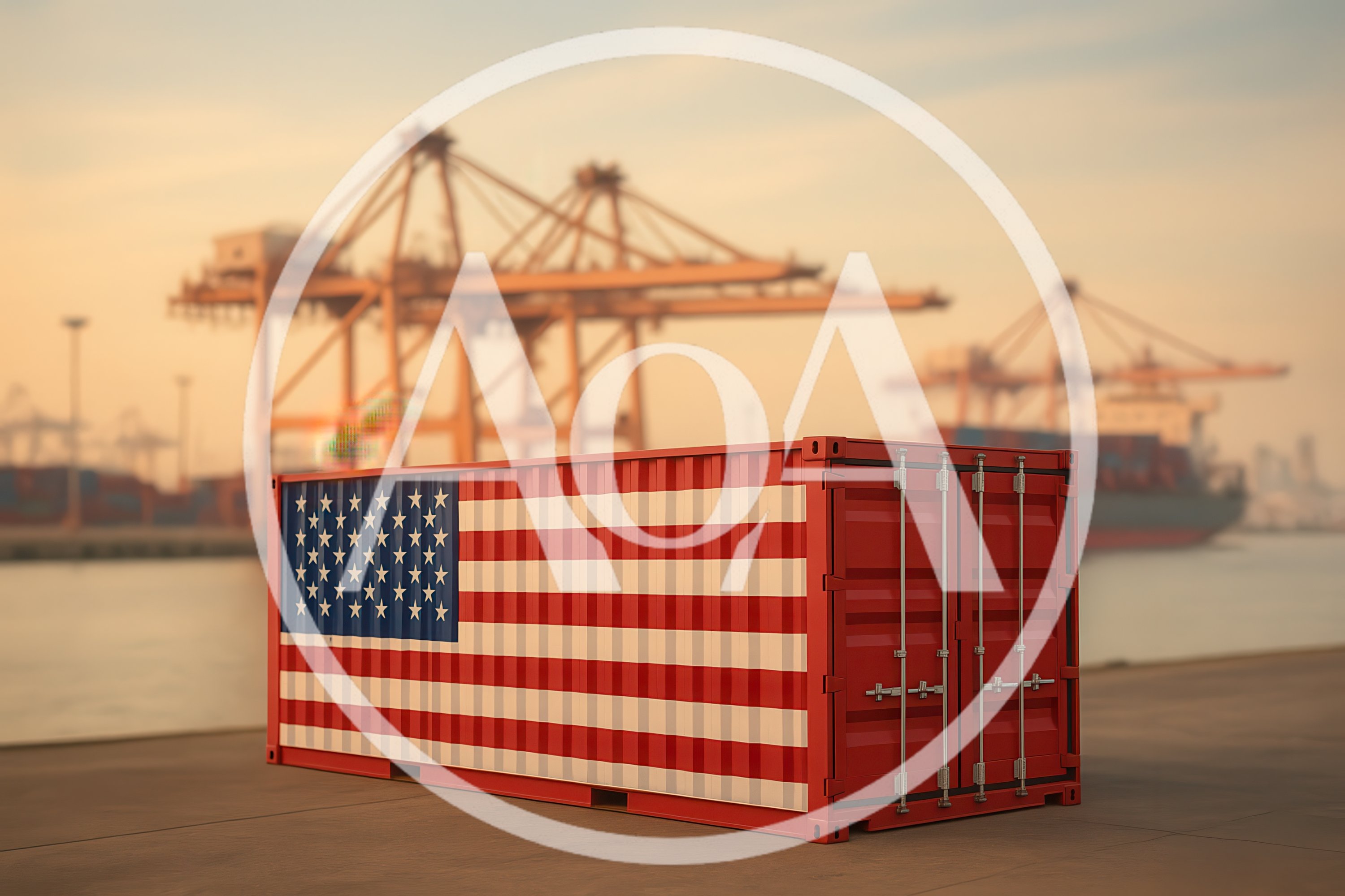 Shipping Container With United States Flag At Port