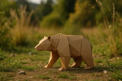 Low Poly Paper Bear Sculpture In Nature