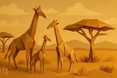 Origami Giraffe Family In A Paper Savannah Landscape