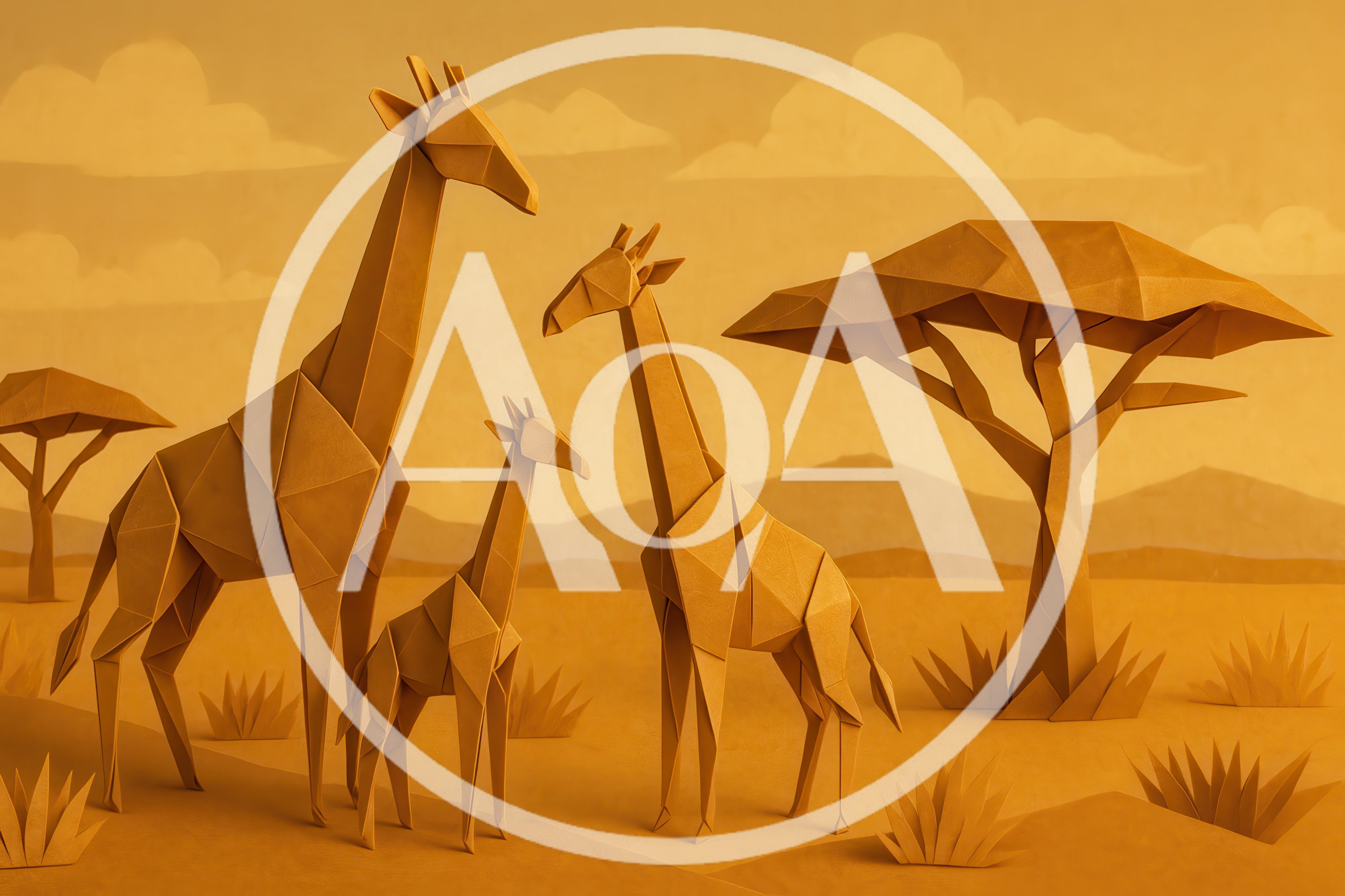 Origami Giraffe Family In A Paper Savannah Landscape