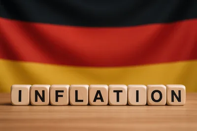 Inflation Word Spelled With Wooden Blocks Before German Flag