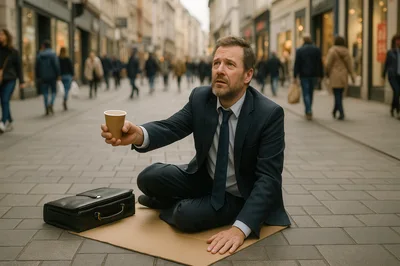 Businessman Begging For Money On City Street