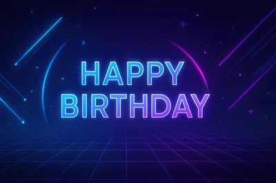 Neon Happy Birthday Text On Retro Grid Background