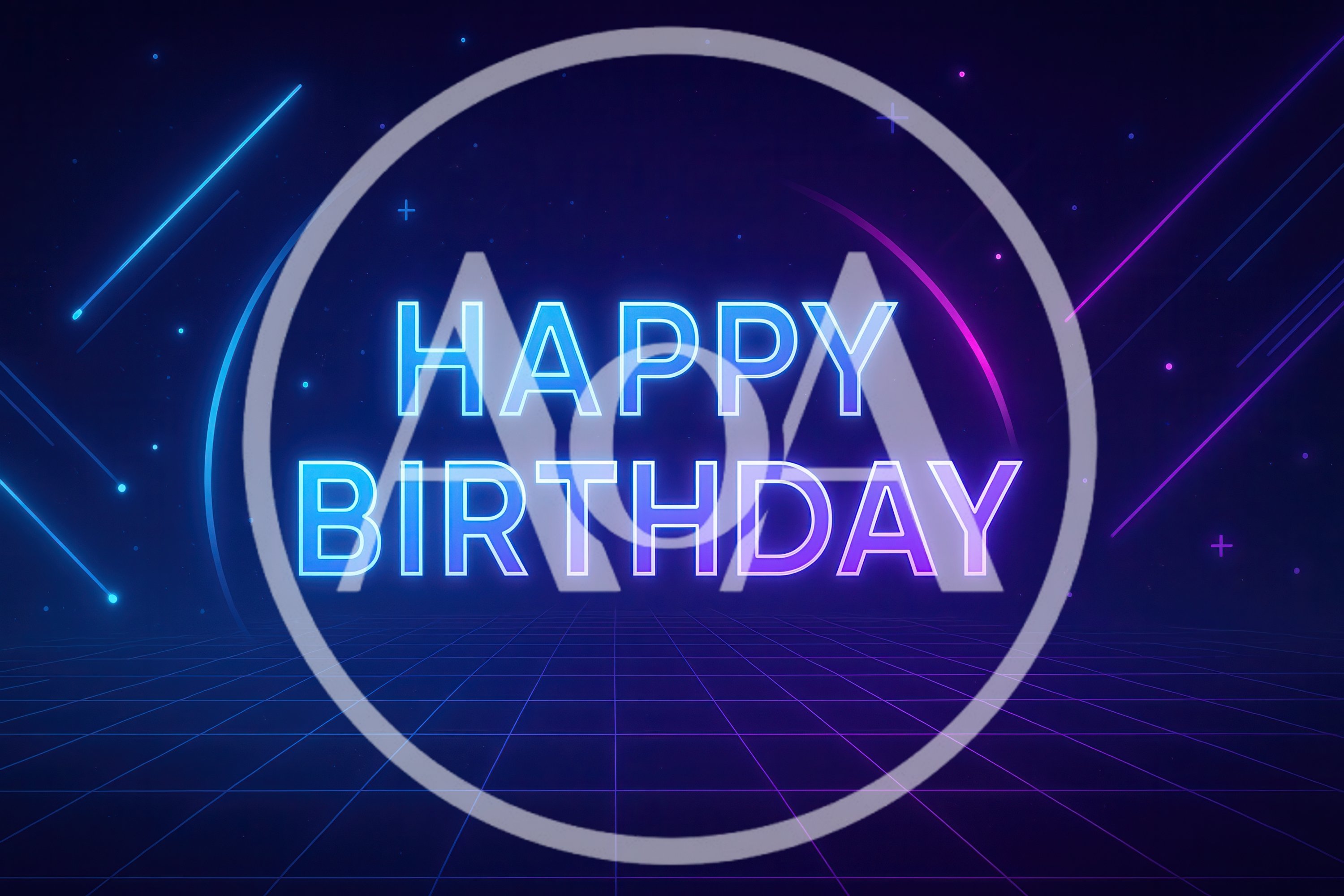 Neon Happy Birthday Text On Retro Grid Background