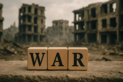 Wooden Blocks Spelling War Against A Ruined City Background