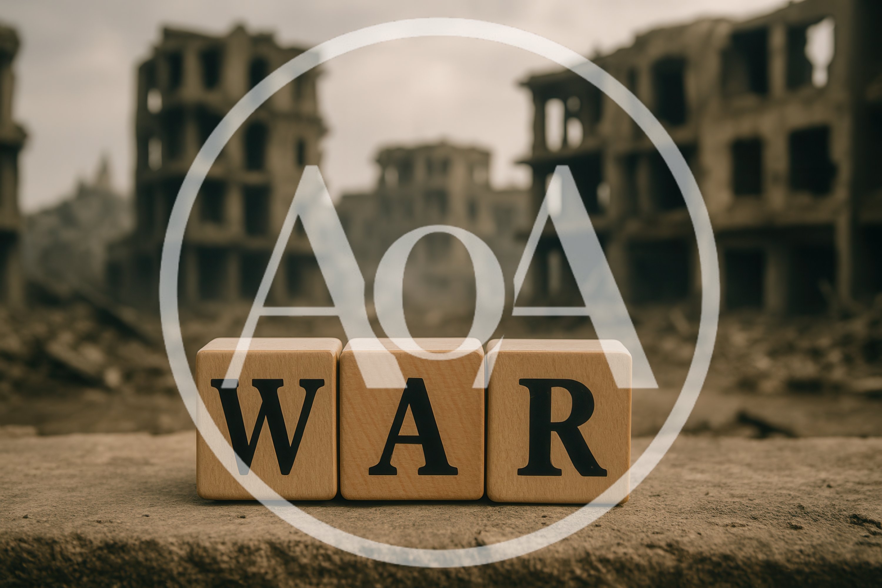 Wooden Blocks Spelling War Against A Ruined City Background