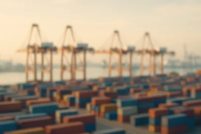 Blurred Industrial Shipping Port With Container Cranes
