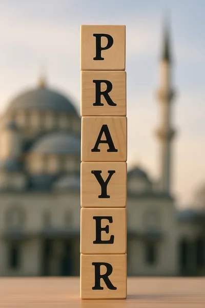 Wooden Blocks Spelling Prayer In Front Of A Mosque