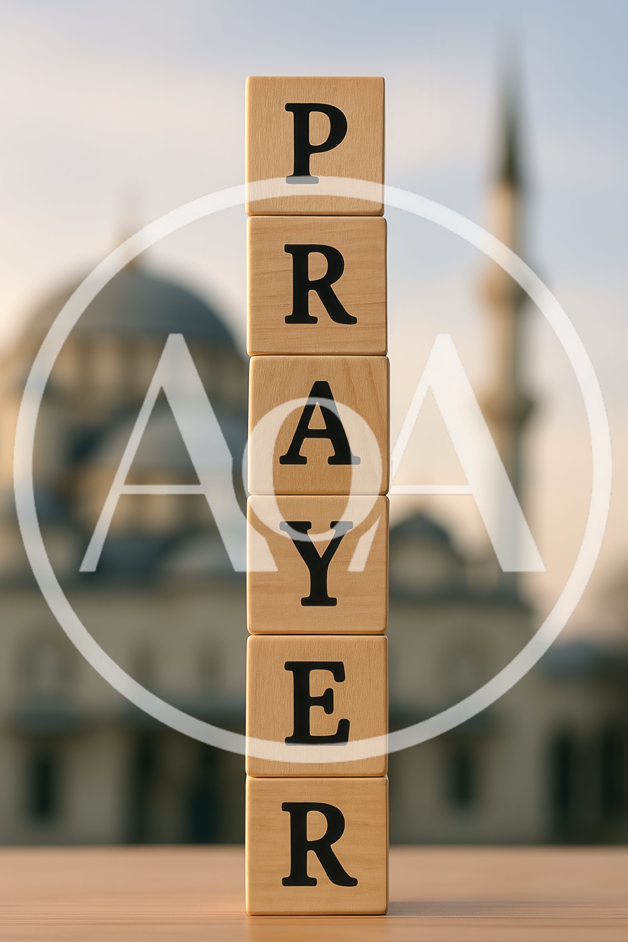 Wooden Blocks Spelling Prayer In Front Of A Mosque