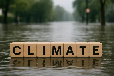 Wooden Blocks Spelling Climate In Flooded Street