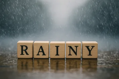 Wooden Blocks Spelling Rainy On A Wet Surface