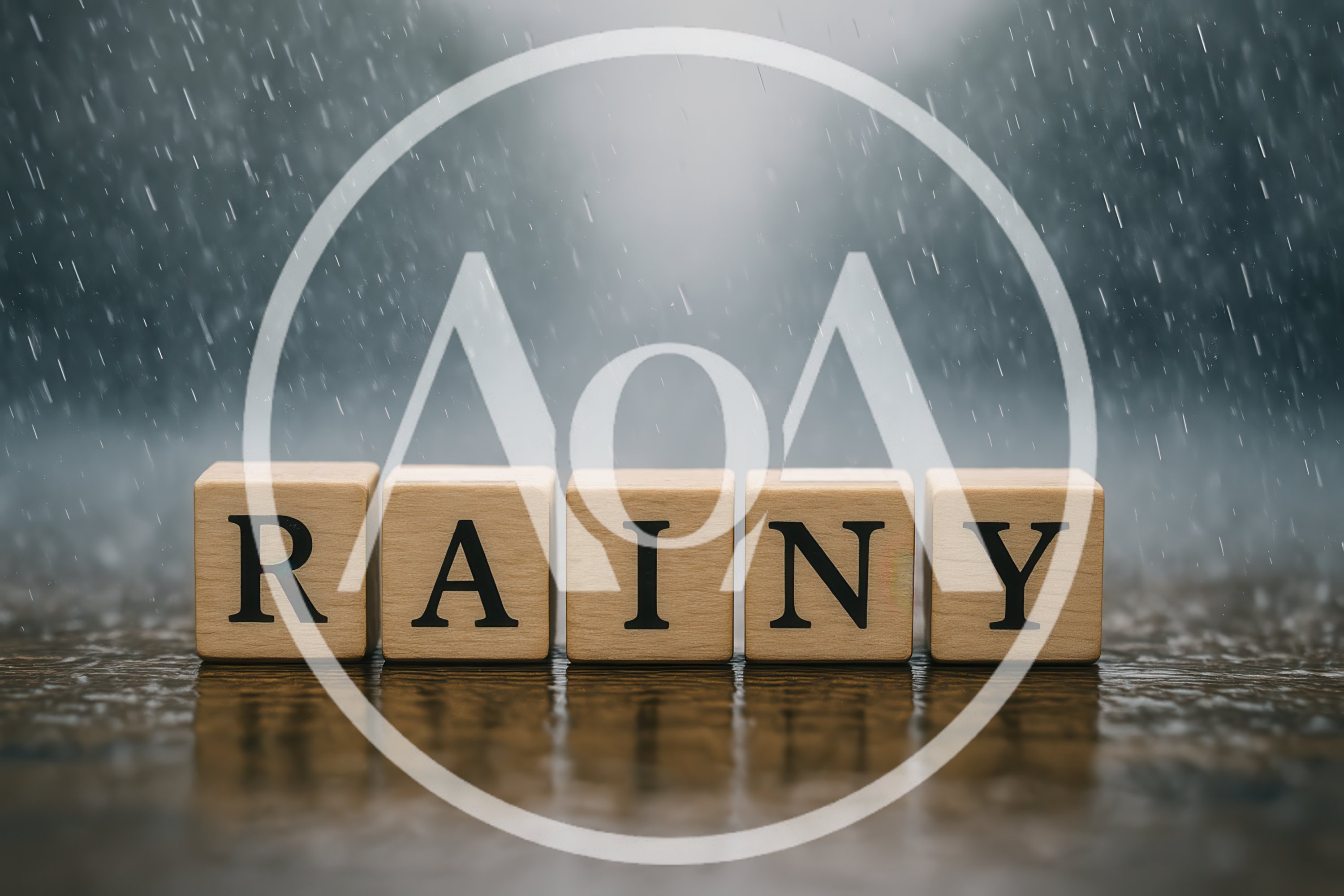 Wooden Blocks Spelling Rainy On A Wet Surface
