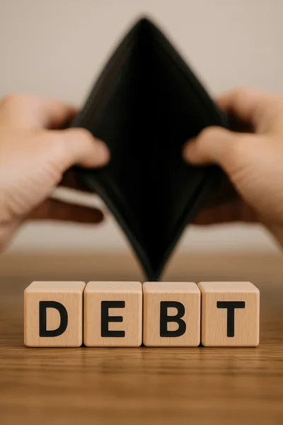 Hands Holding Empty Wallet Behind Debt Wooden Blocks