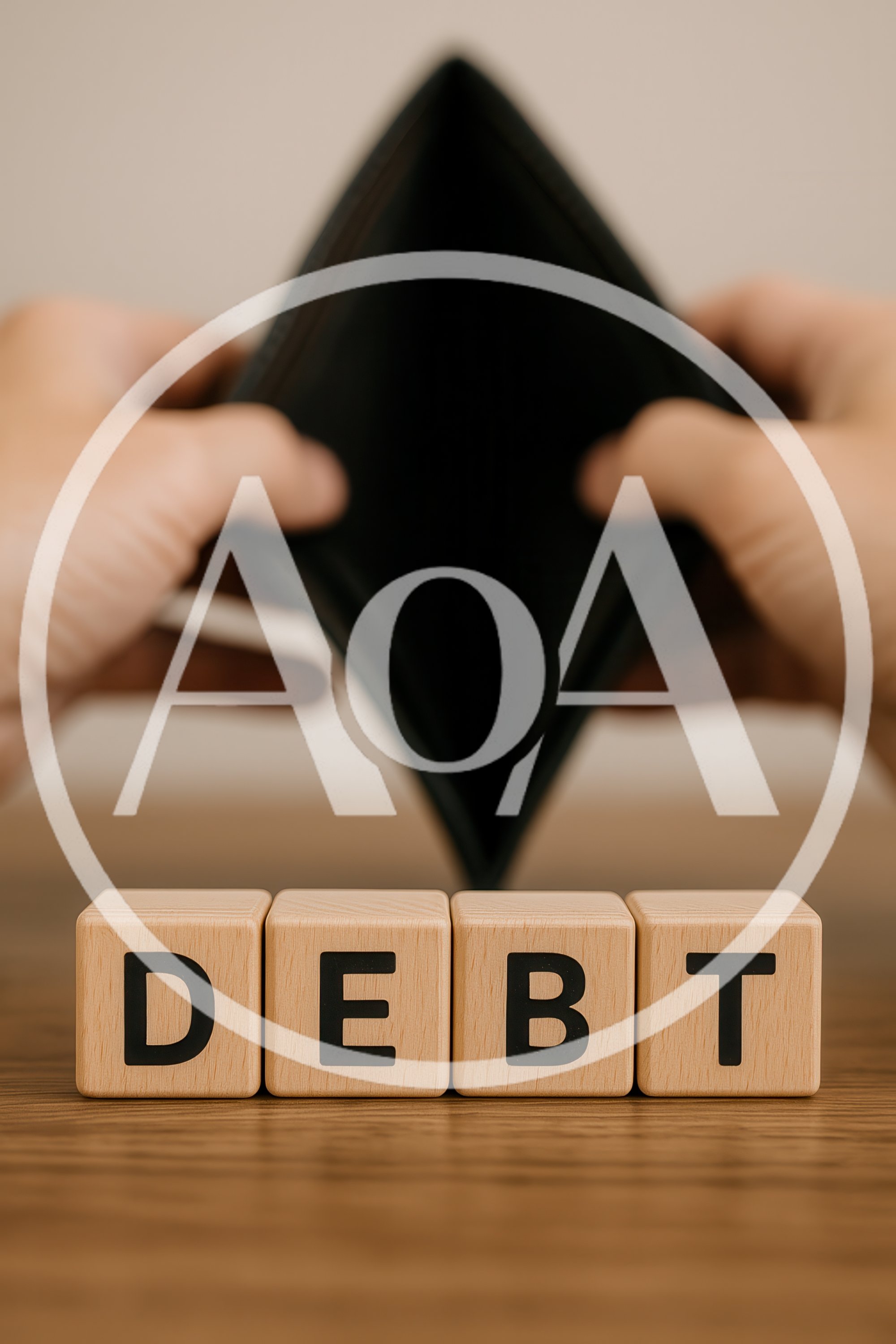 Hands Holding Empty Wallet Behind Debt Wooden Blocks