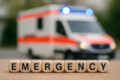 Wooden Blocks Spelling Emergency With Blurred Ambulance Background