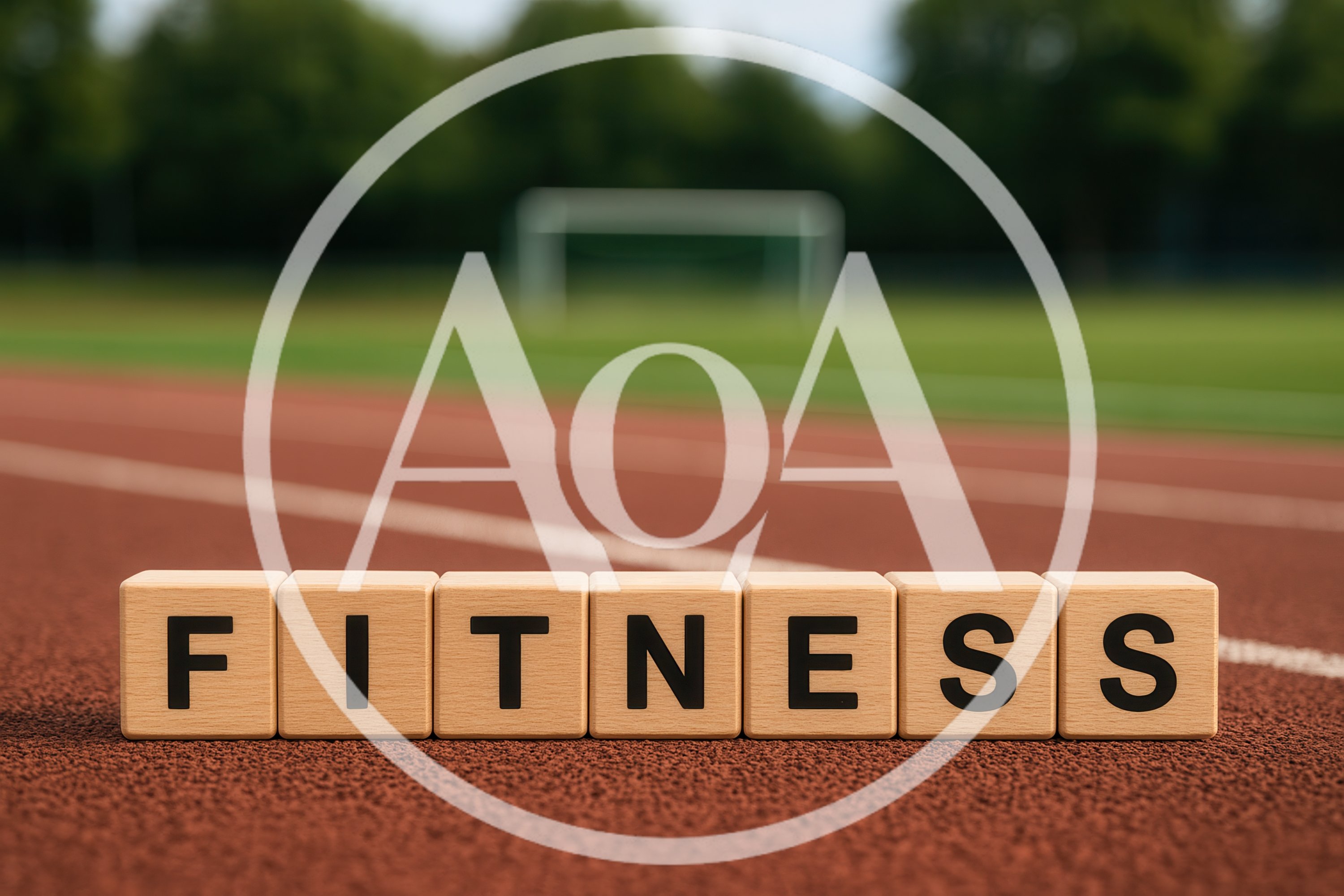 Wooden Blocks Spelling Fitness On A Running Track