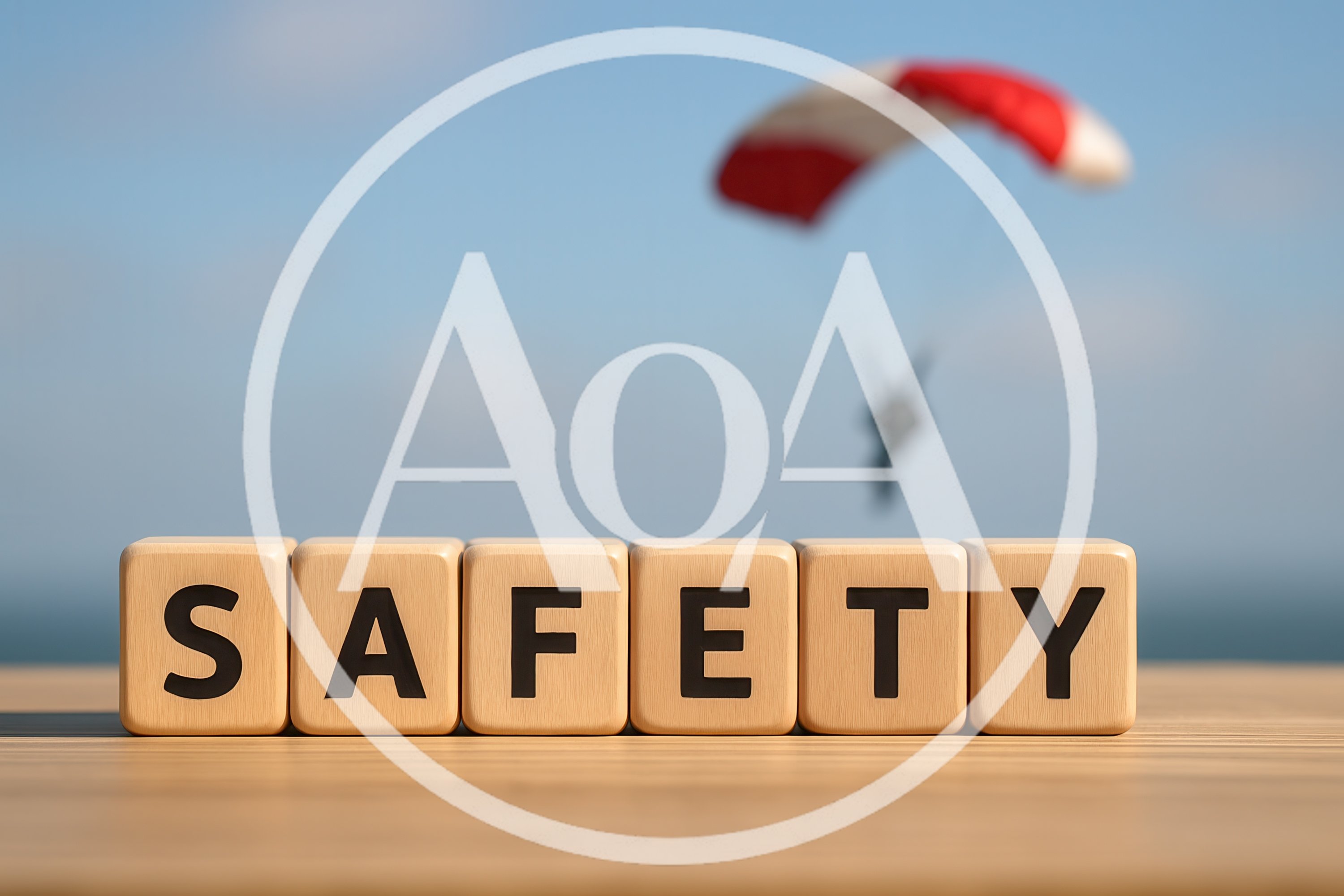Wooden Blocks Spelling Safety With Paraglider In Background