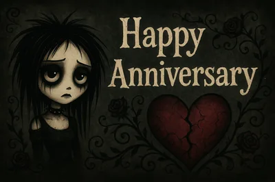 Gothic Style Happy Anniversary Illustration With Sad Character