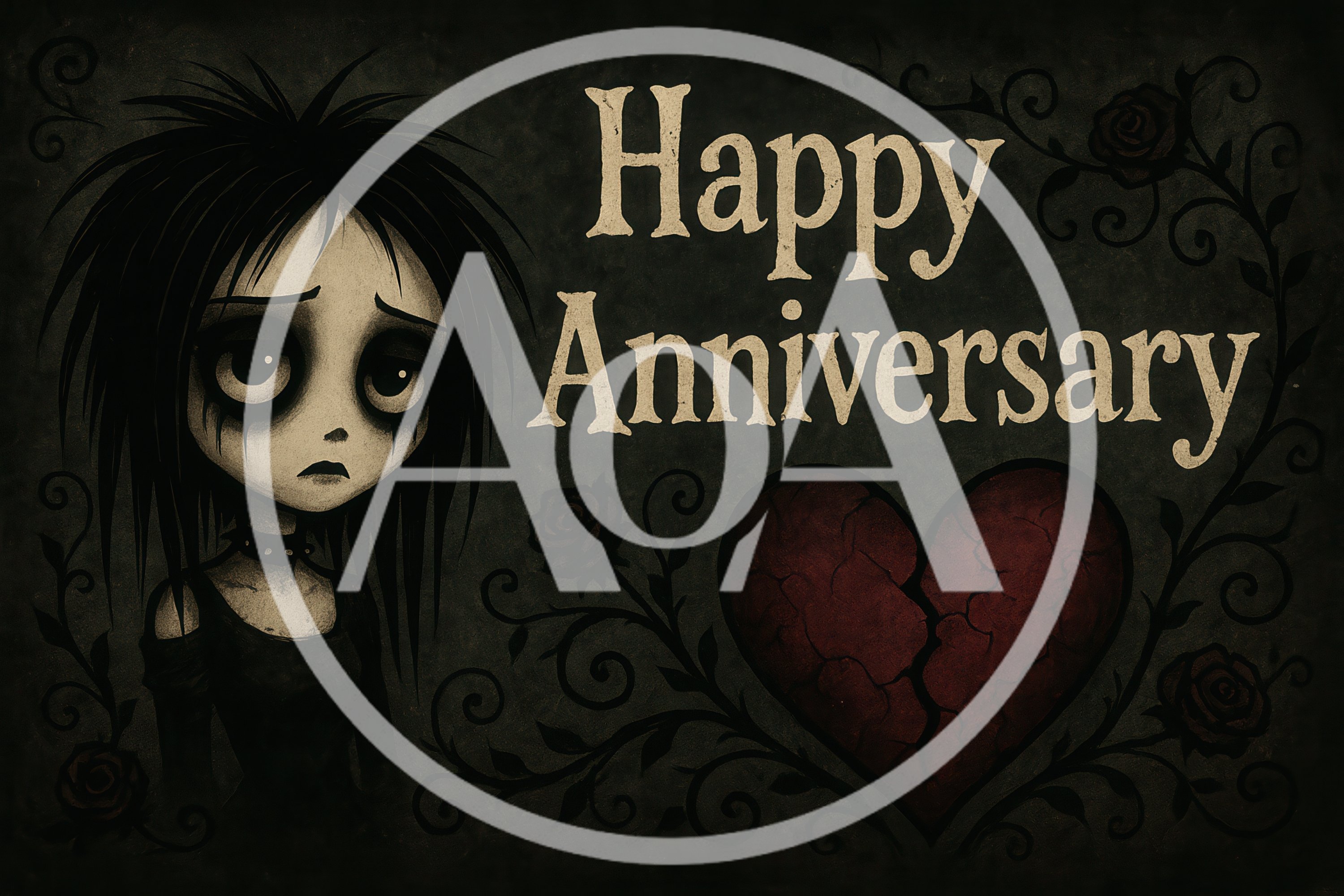Gothic Style Happy Anniversary Illustration With Sad Character