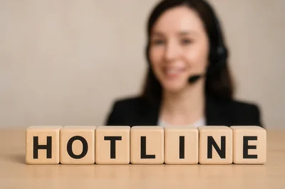 Customer Support Representative With Hotline Wooden Blocks