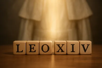 Wooden Blocks Spelling LEO XIV With Blurred Religious Figure