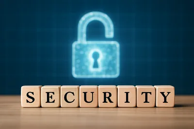 Wooden Blocks Spelling Security With Digital Unlocked Padlock