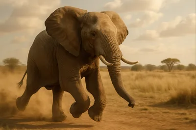 African Elephant Running Through The Savanna