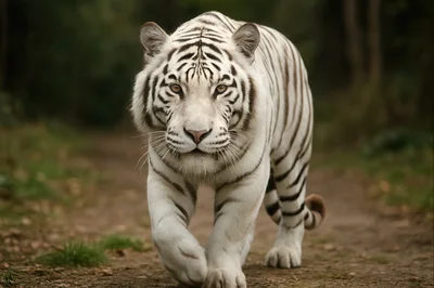 Majestic White Tiger Walking Along A Forest Path