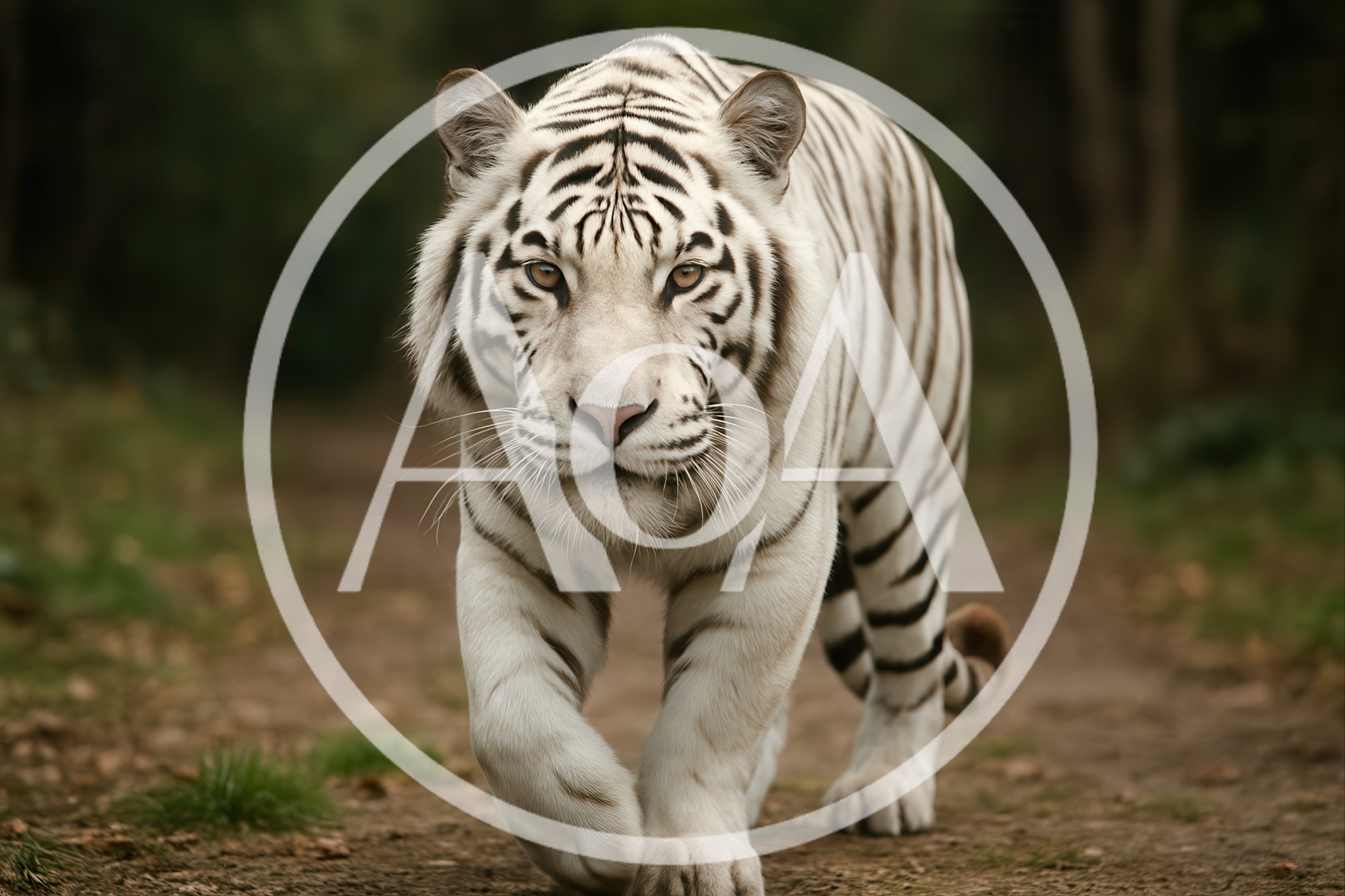 Majestic White Tiger Walking Along A Forest Path