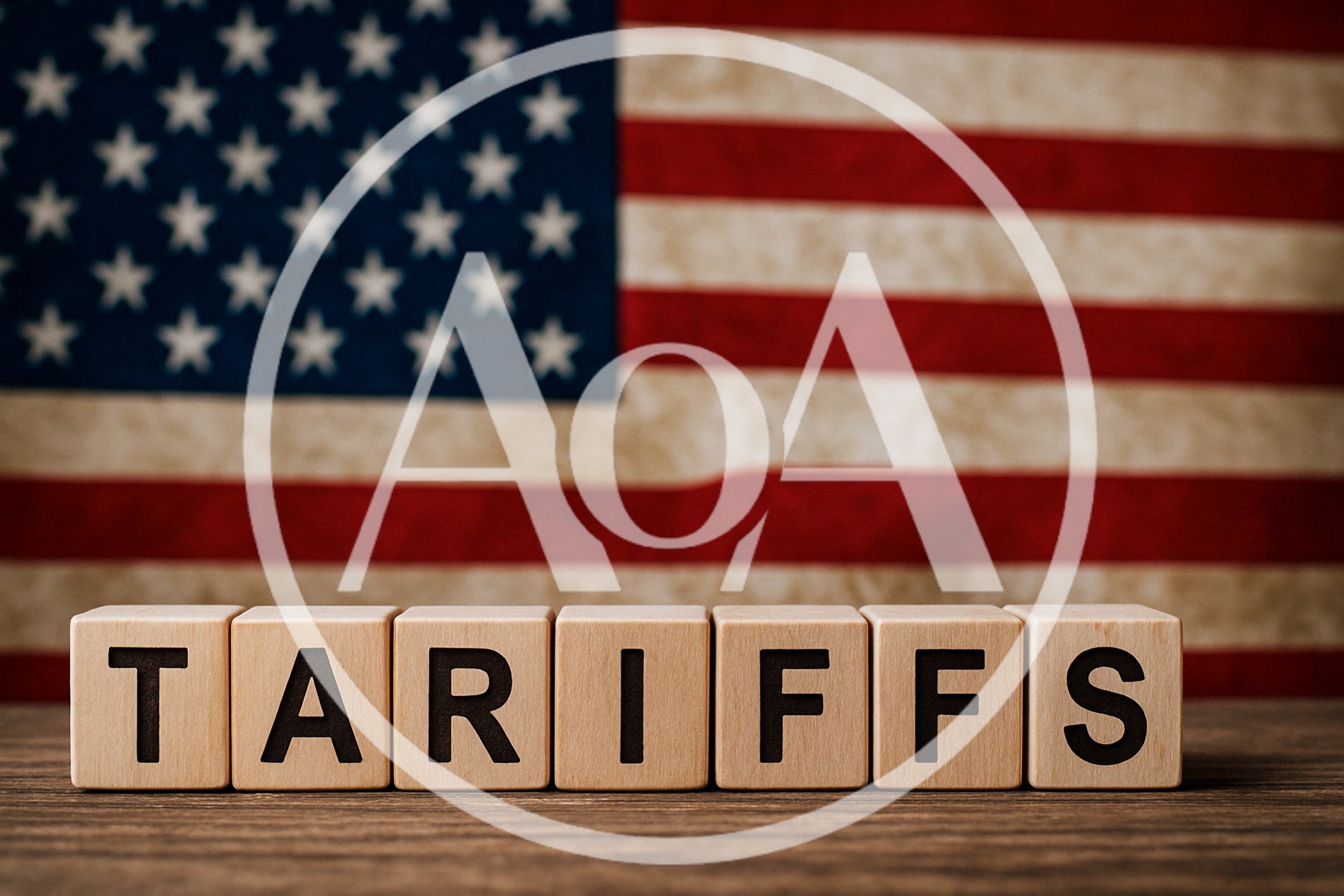 Wooden Blocks Spelling Tariffs Against American Flag Background