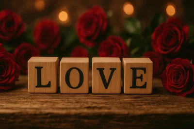 Wooden Blocks Spelling Love With Red Roses