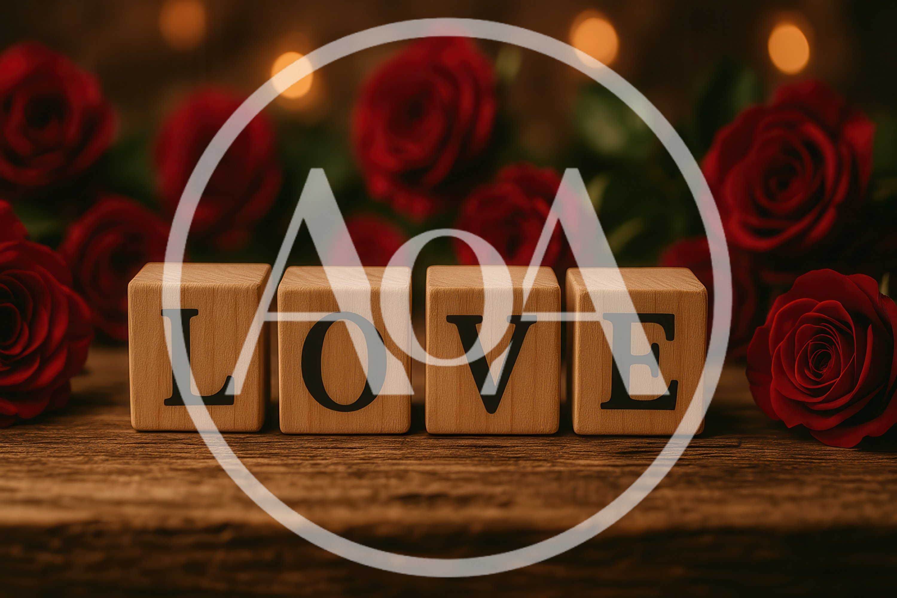 Wooden Blocks Spelling Love With Red Roses