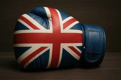 British Flag Boxing Glove On Dark Wooden Surface