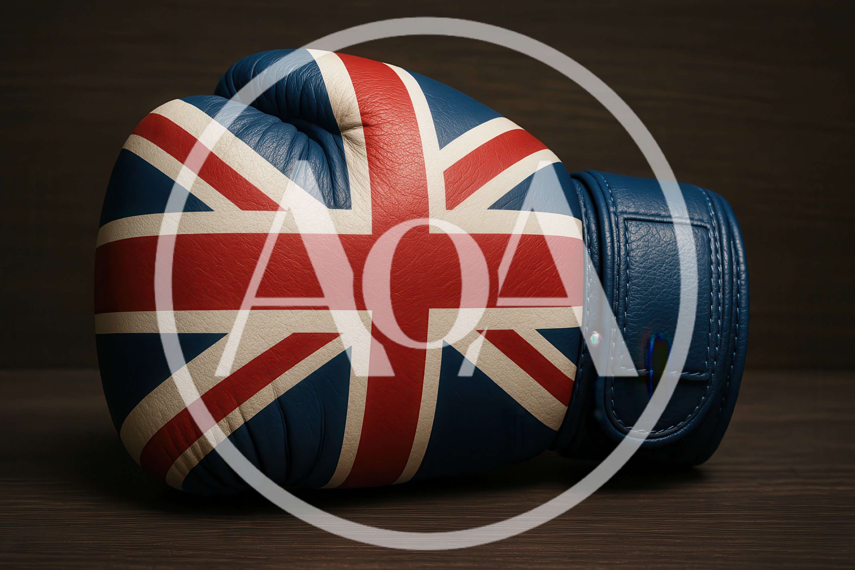 British Flag Boxing Glove On Dark Wooden Surface