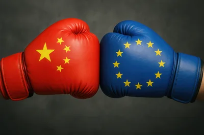 Boxing Gloves Representing China And European Union Conflict